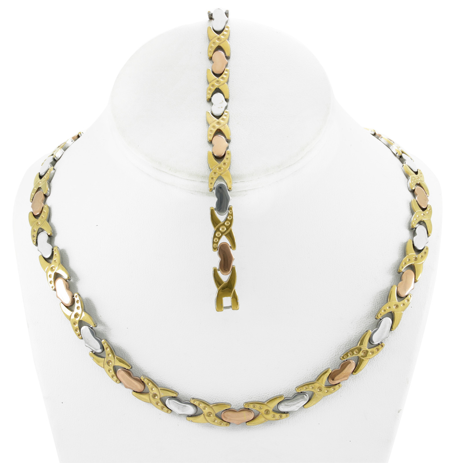 Hugs & Kisses Necklace Bracelet Set Stampato Stainless Steel Three Tone DC 18/20