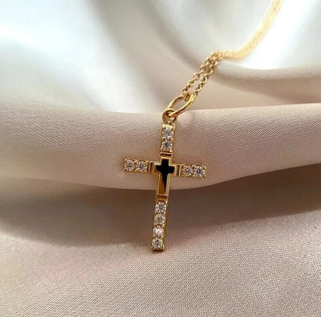 30MM Cross Pendant Chain Christmas Gift Simulated Diamond 14K Yellow Gold Plated