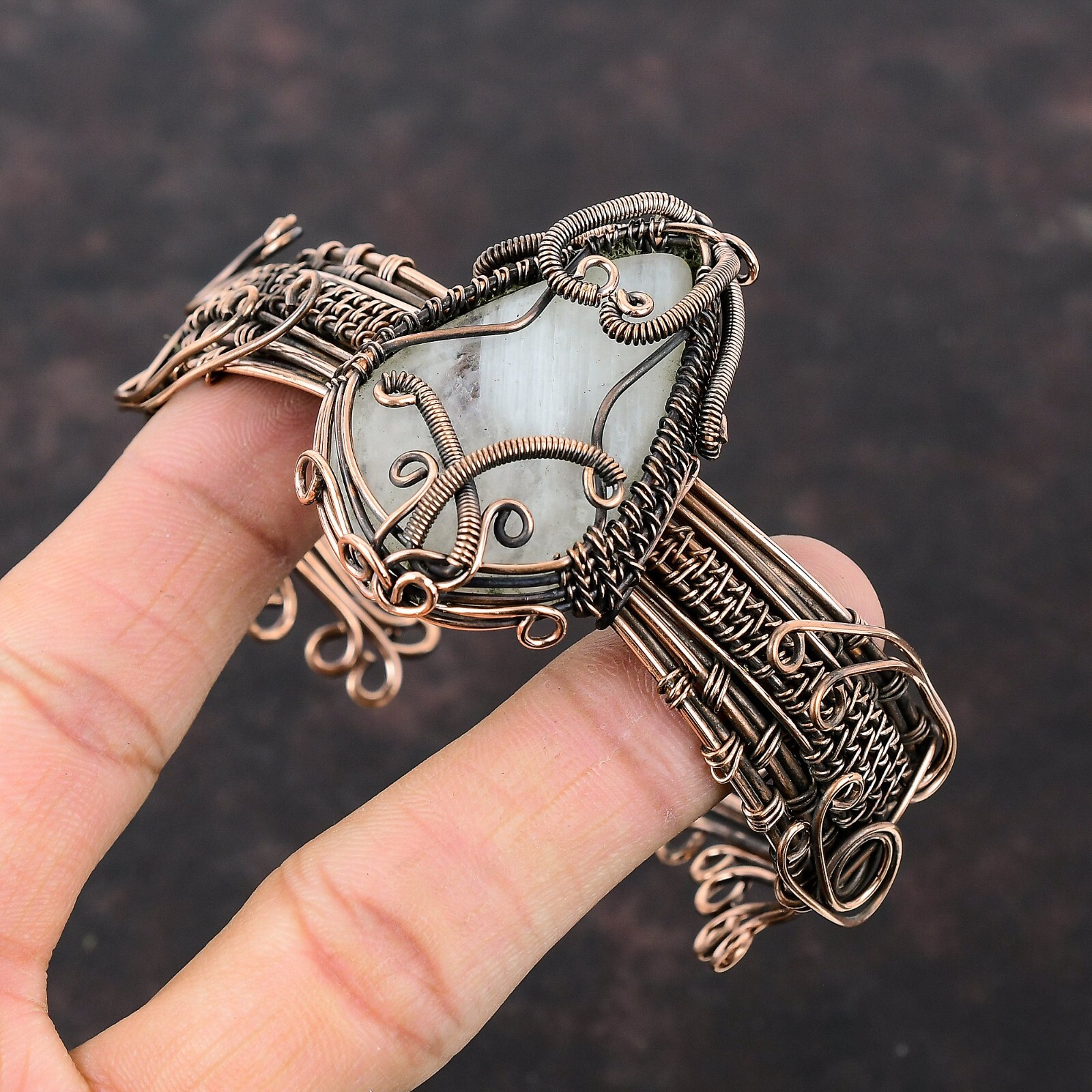 Rainbow Moonstone Wire Wrapped Adjustable Cuff Handcrafted Copper Unique Gift