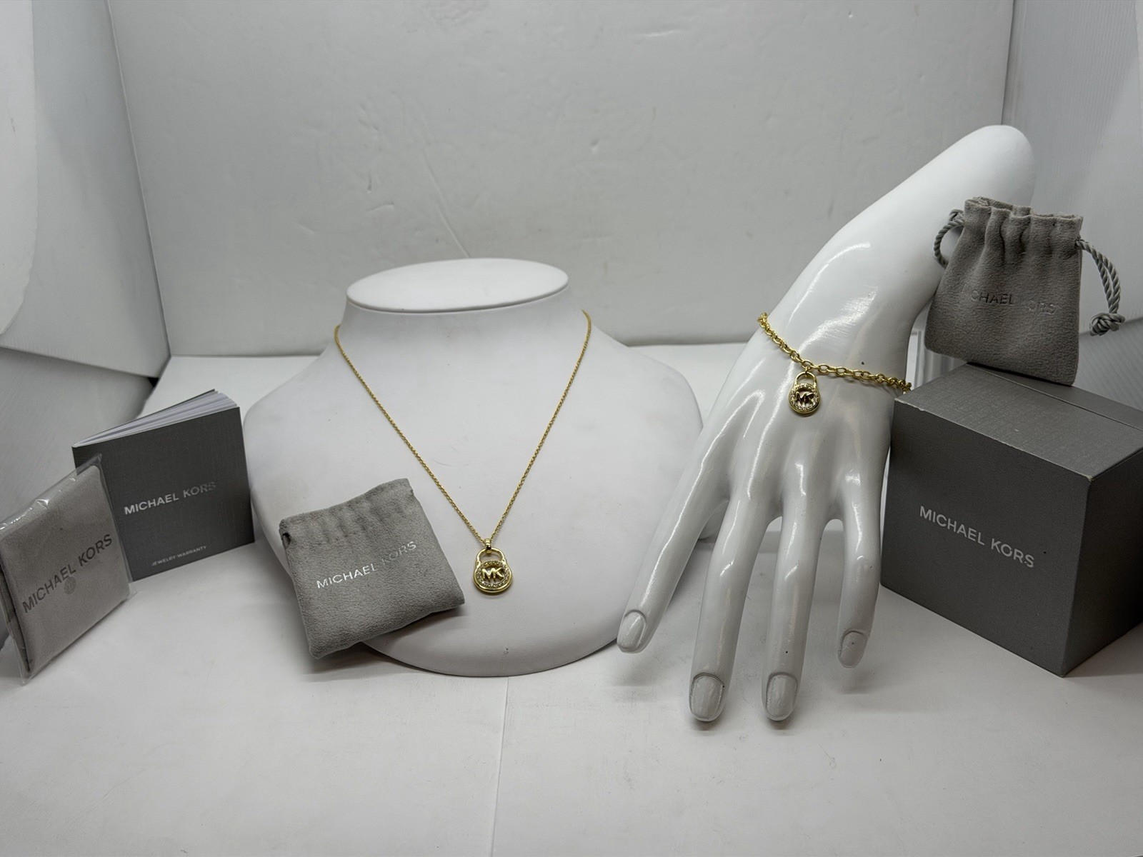 Michael Kors Gold Tone Sterling Silver MK Logo CZ Lock Necklace & Bracelet