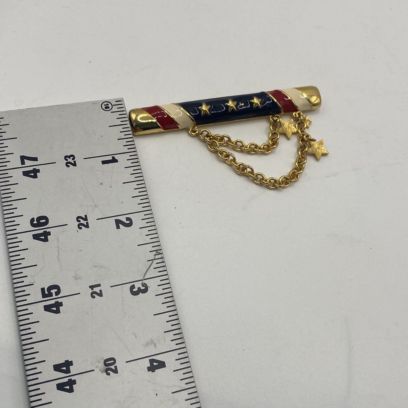 Gold Tone USA Flag Bar Brooch Pin Red White Blue Enamel Chain Stars Jewelry