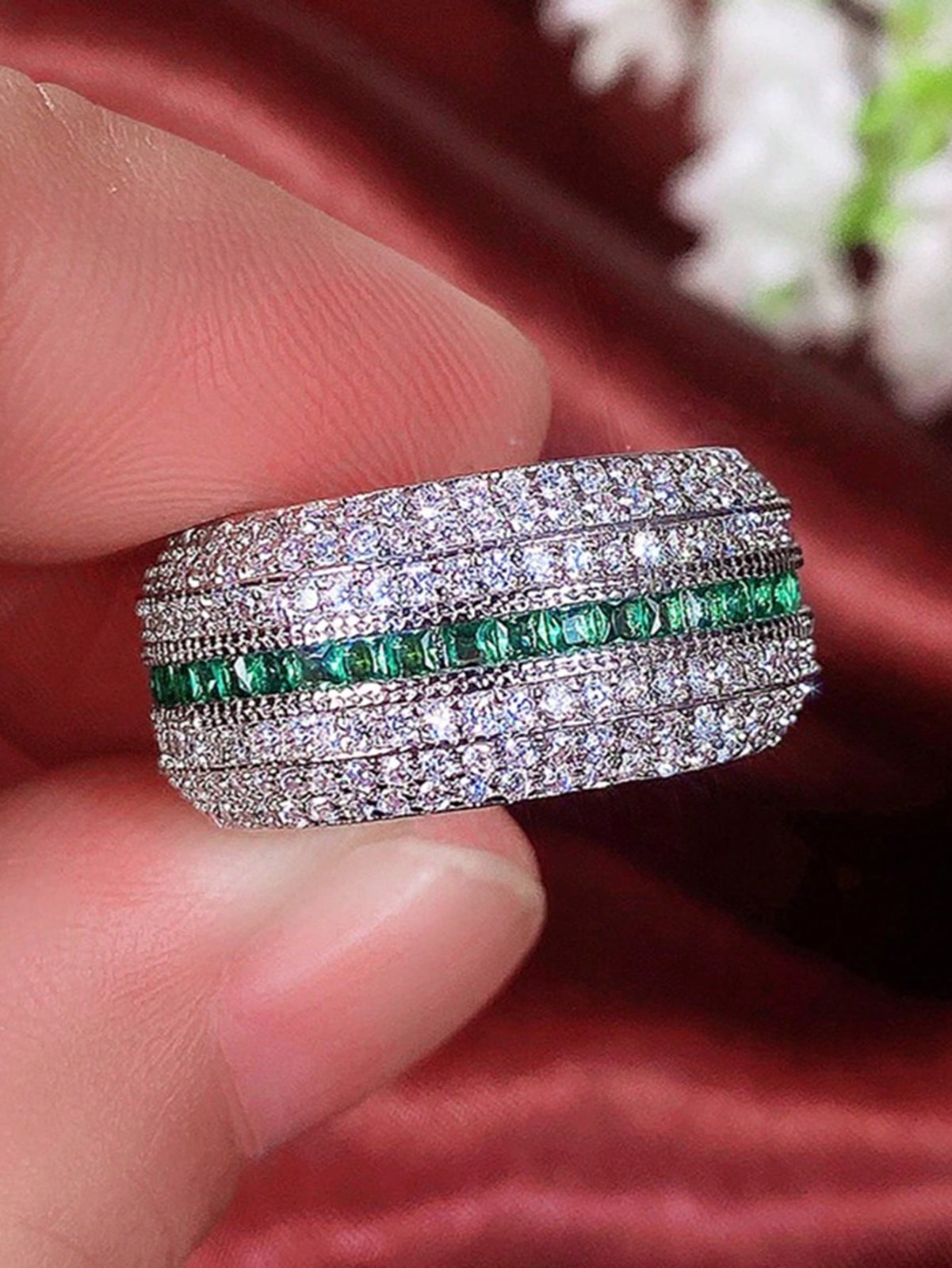 Women’s Silver Tone Emerald Green CZ Wide Eternity Band Cocktail Statement Ring