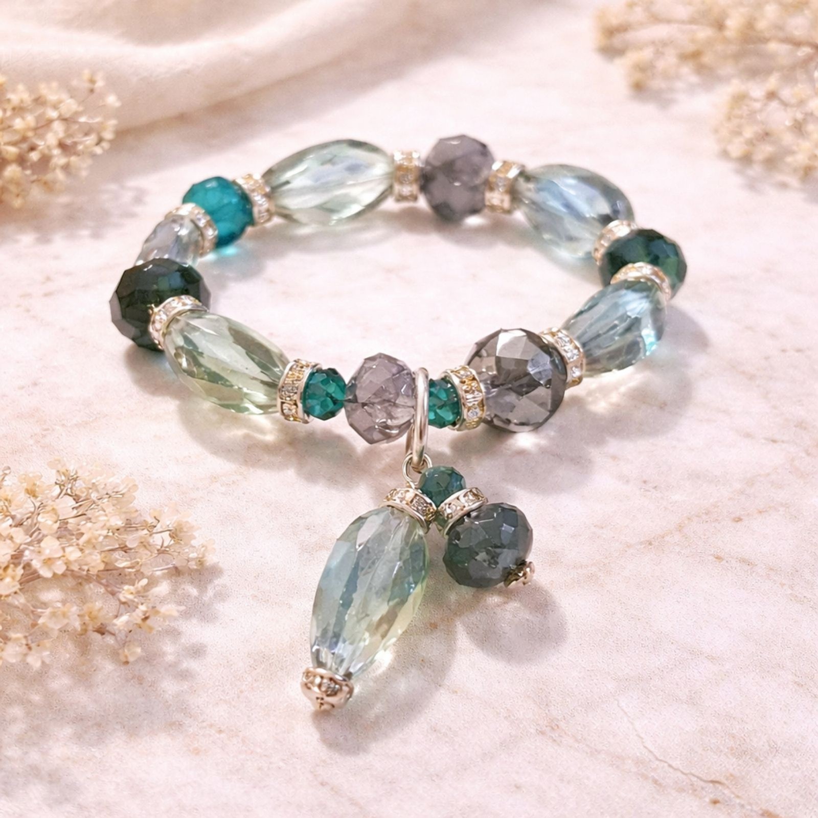 Faceted Blue Purple Glass & Rhinestone Bracelet