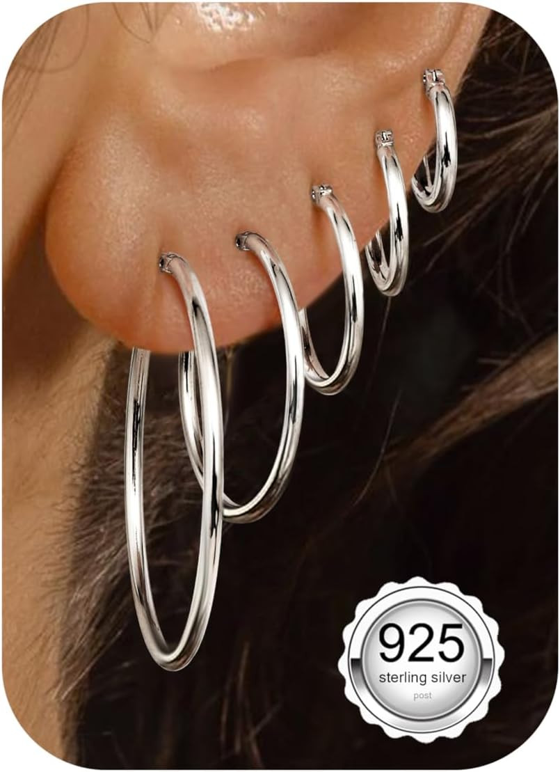5 Pairs 925 Sterling Silver Hoop Post Earrings for Women-Small 14K Gold Silver H