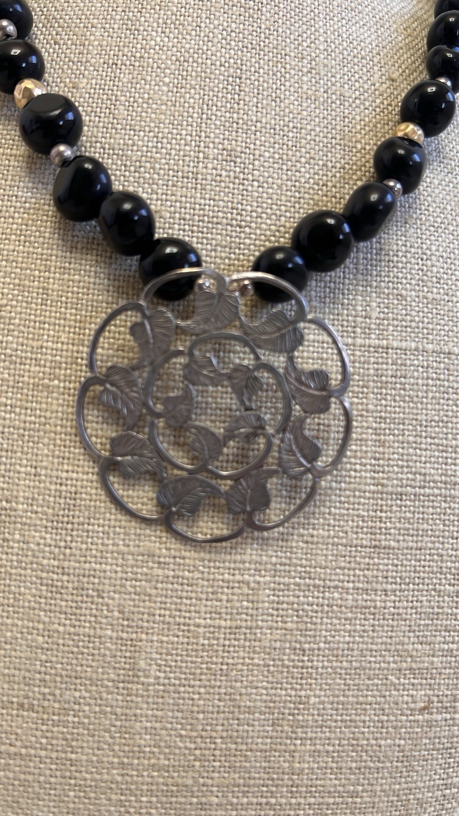 black onyx statement necklace large floral pendant, silver and gold beads, used