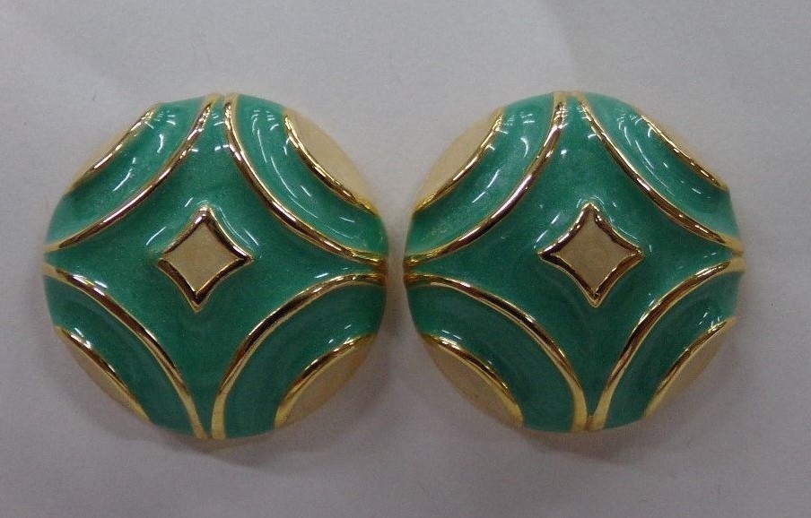 Gold Tone w/ Aqua & Off-White Enamel Pierced Earrings Signed Allison Reed