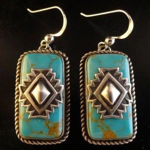 Turquoise Rectangle Drop Earrings for Women Retro Boho Ethnic Style Jewelry