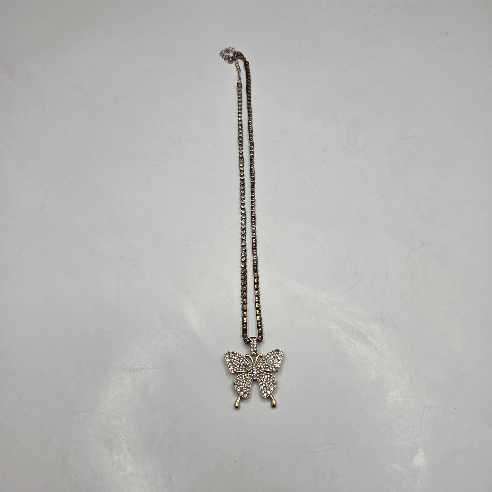 Butterfly Pendant Necklace 19.5in Gold Tone Rhinestone Tennis Chain Y2K