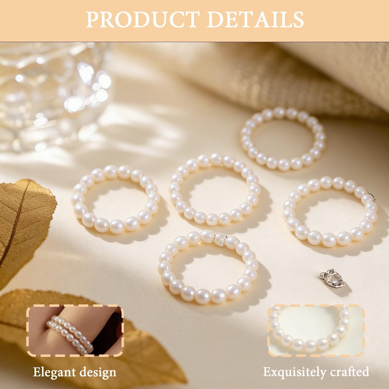 5 Pcs Faux Pearl Stretch Rings for , Beaded Stackable Adjustable Dainty Handm…