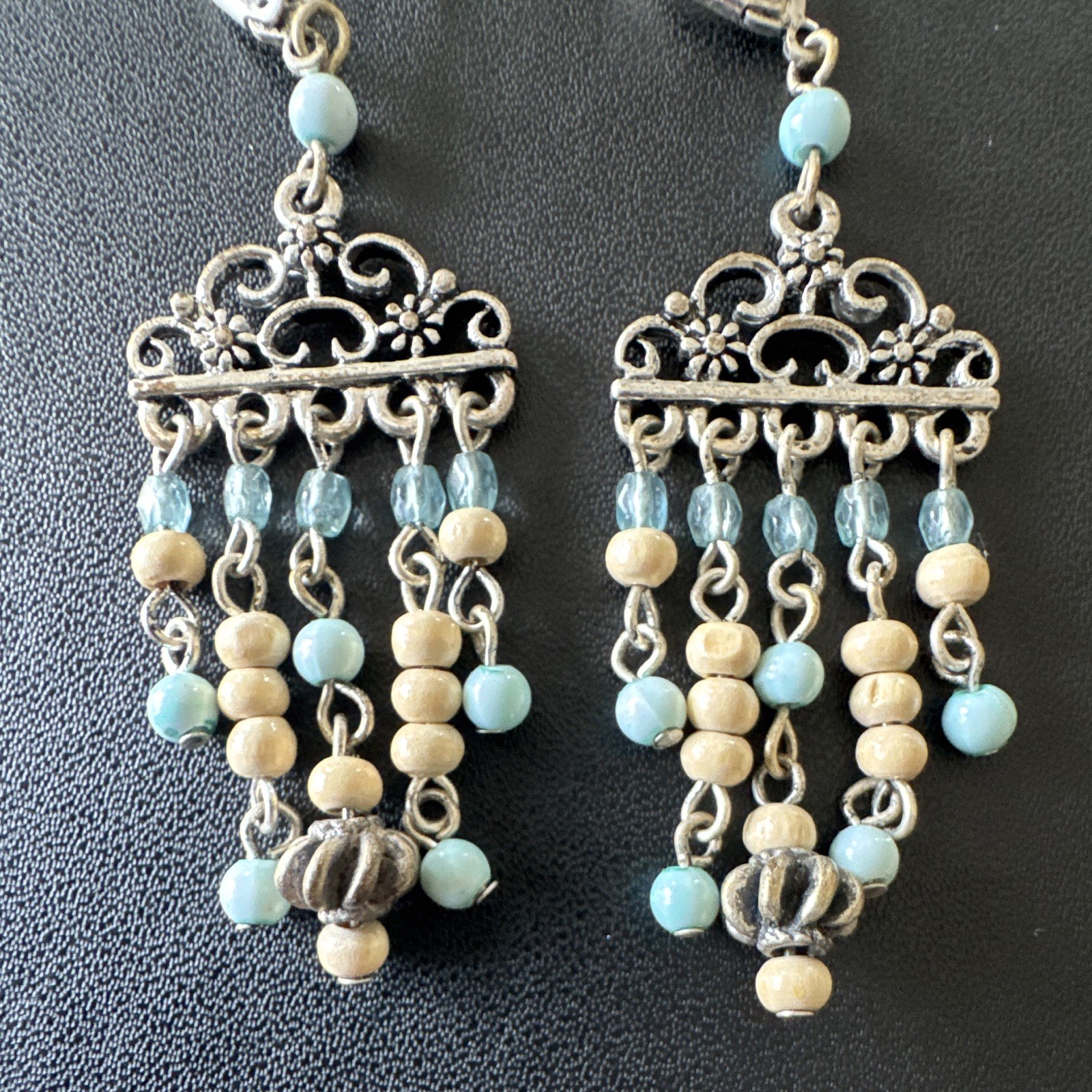 Silver Tone Chandelier Dangle Leverback Earrings Blue and cream colored Beads