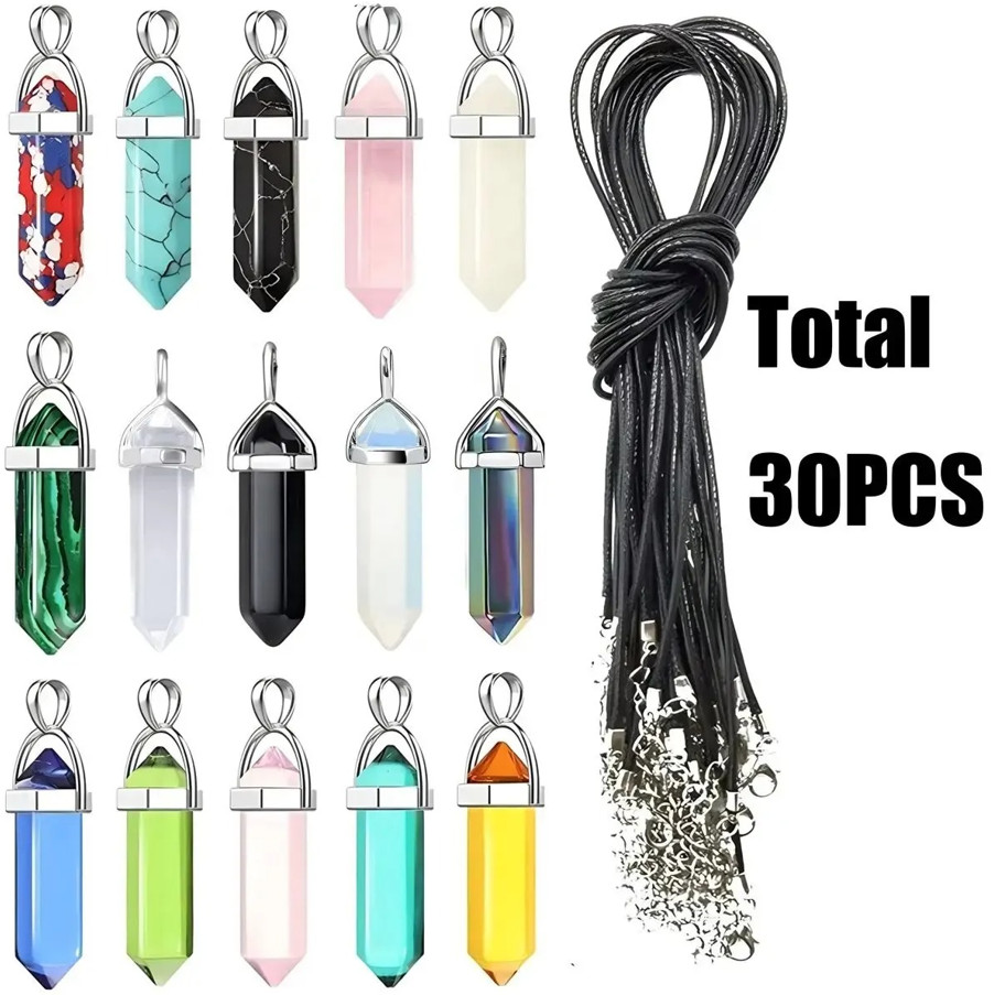 30pcs Hexagonal Chakra Crystal Pendant Set with Necklace Chains & Storage Box