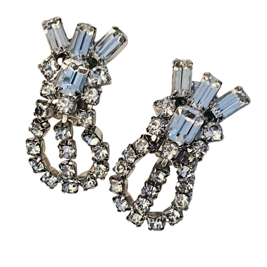 Sparkly Clip Earrings VTG Austrian Crystal Rhinestone Art Deco Dangle jeweled
