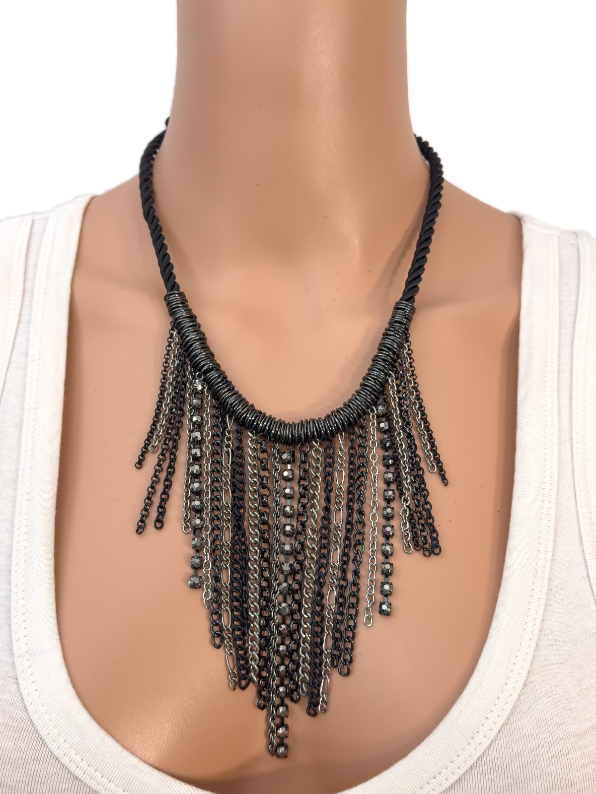 Tassel Fringe Chain Metal and Rhinestone Mix Rope Cord Statement Necklace