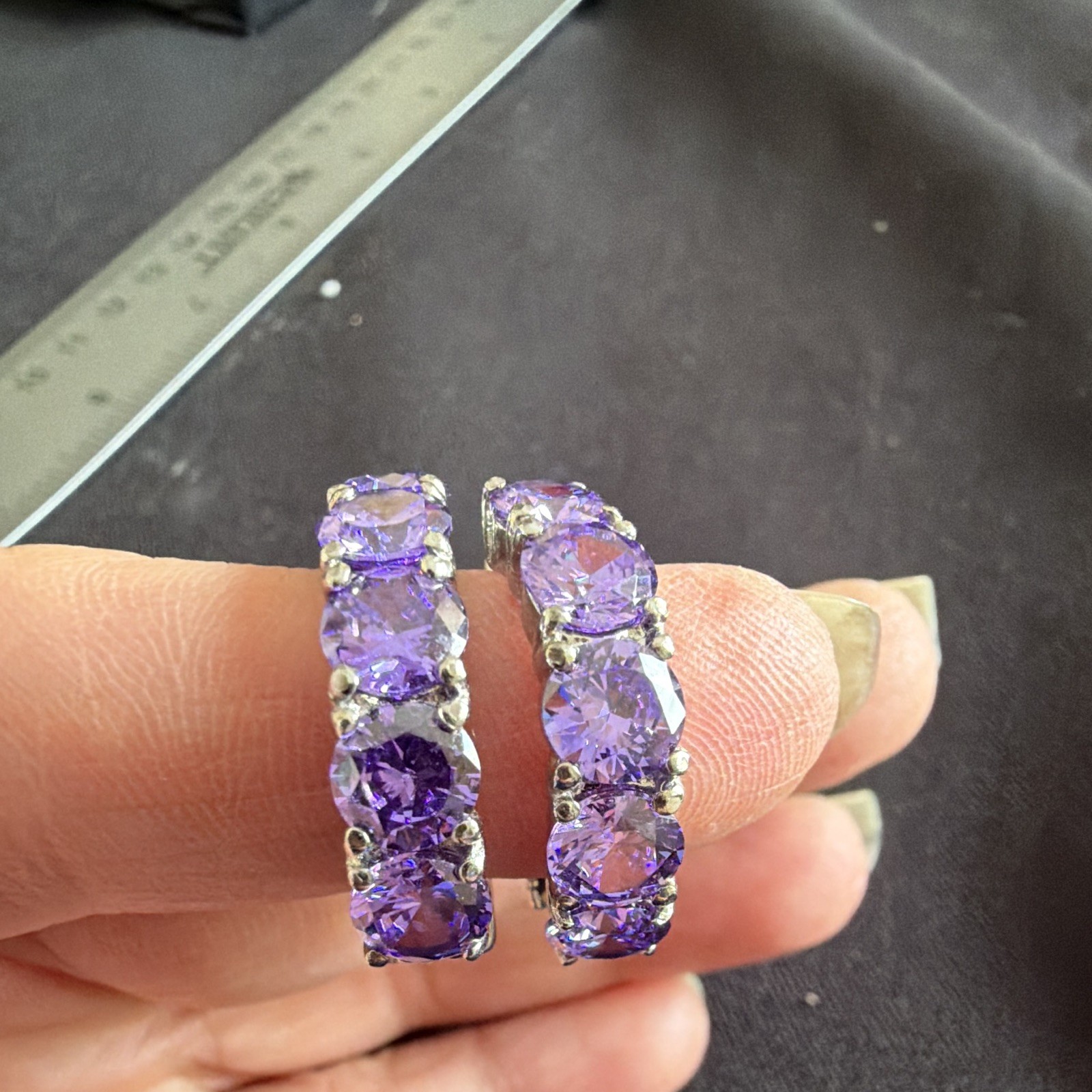 Silver Tone Amethyst Round Prong Set Hinged Hoop Earrings 1 in Diameter