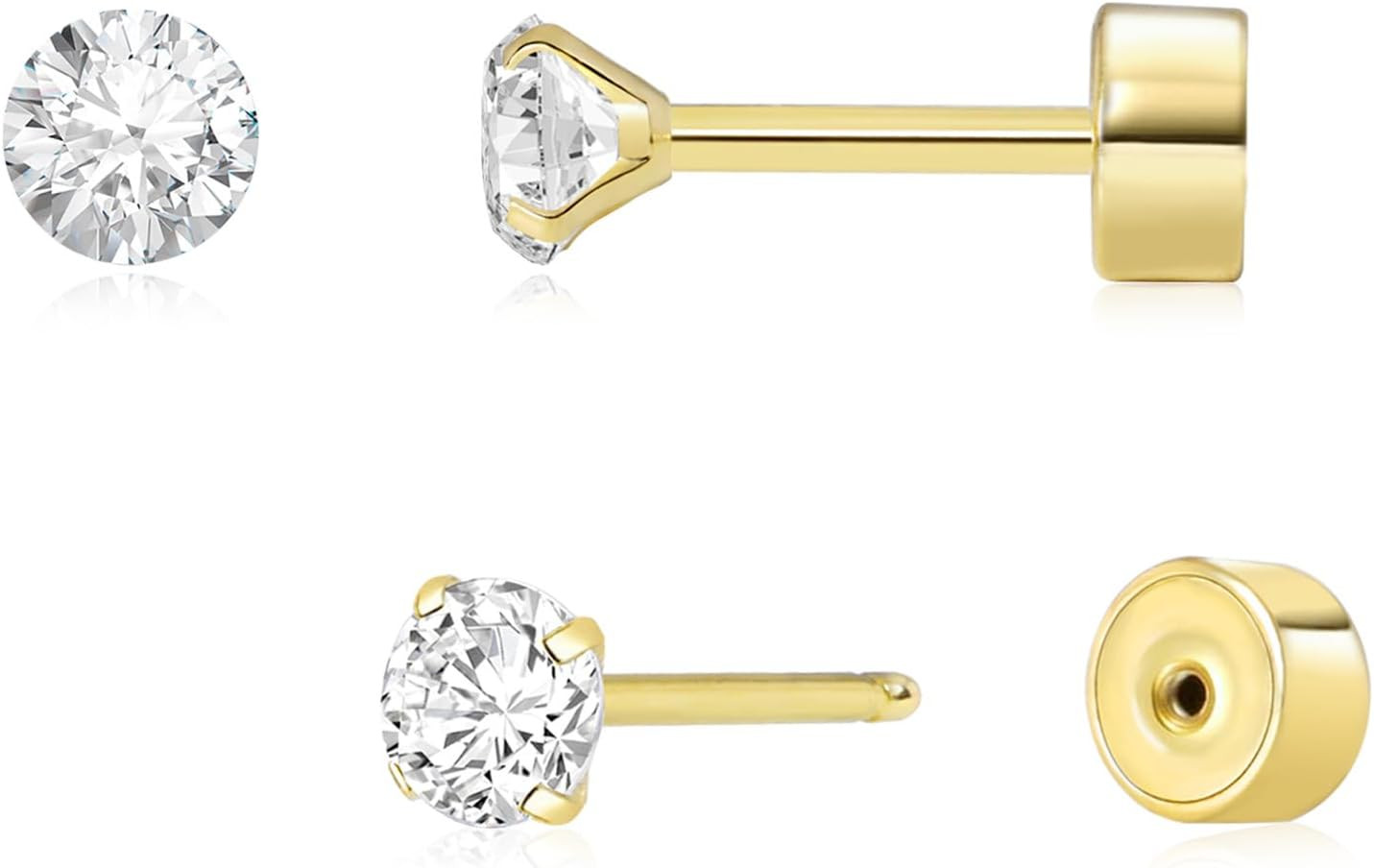Threadless Flat Back Earrings, Hypoallergenic 14K Real Gold Plated CZ Stud Earri