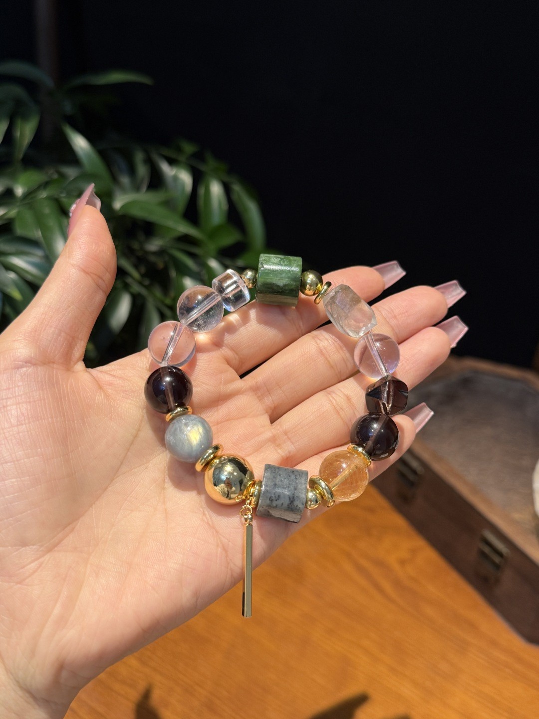 13mm Natural White Crystal, Smoky Quartz, Jasper Handmade Bracelet