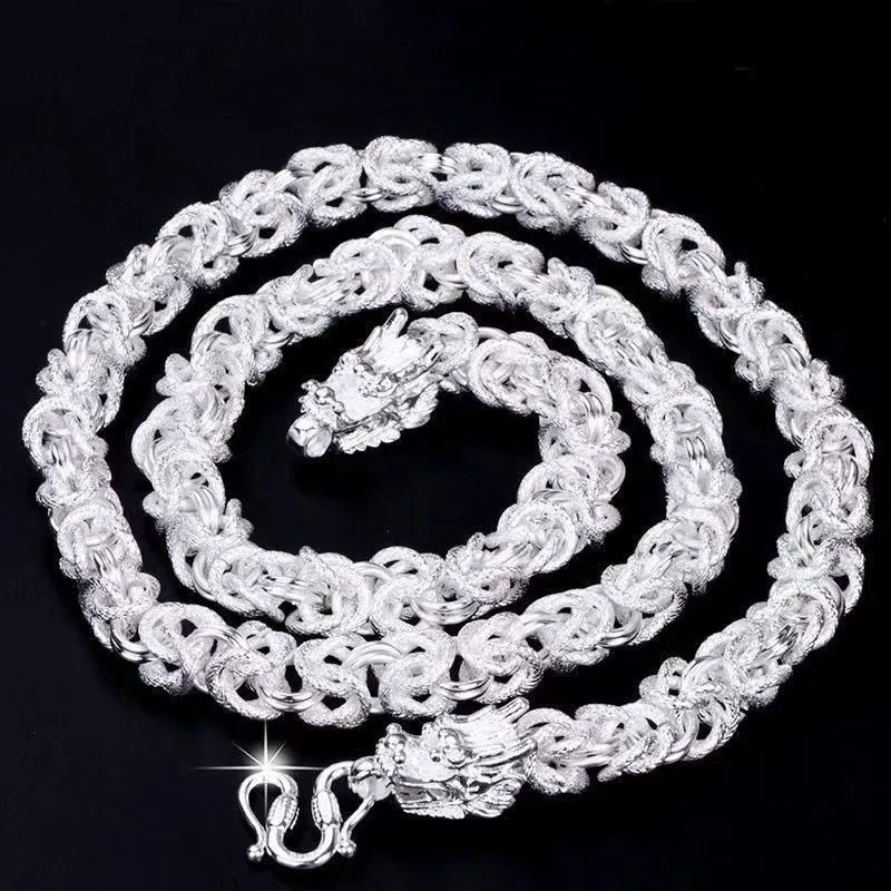 Men’s 925 Sterling Solid Silver Necklace Classic Round Faucet Dragon Jewelry