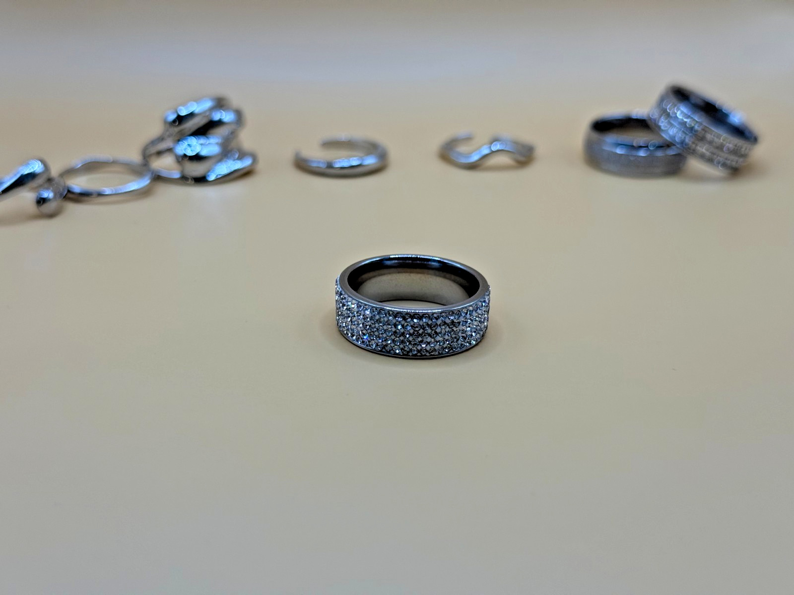 8 Pc Fashion Ring Lot – Adjustable & Fixed Rings – Cubic Zirconia Silver Tone