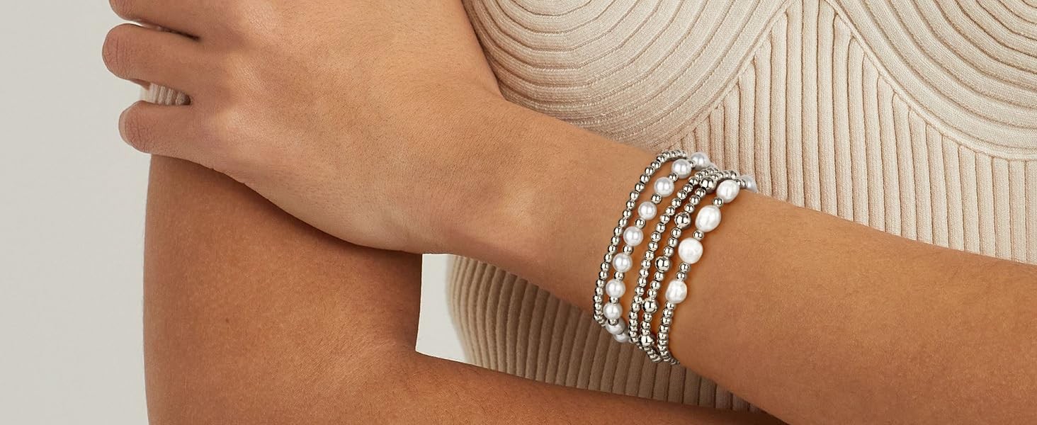 Silver Bracelets For Women Trendy Cute Pearl Beaded Gold Bracelet Stack Set E…