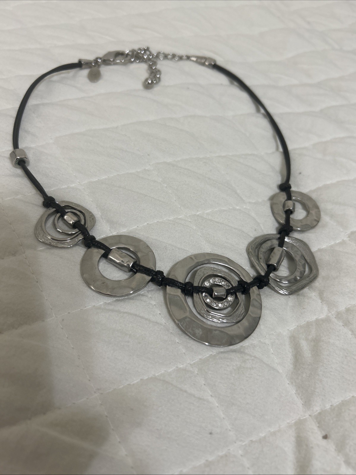 Chicos Black Leather Rhinestone Metal Gem Statement Necklace