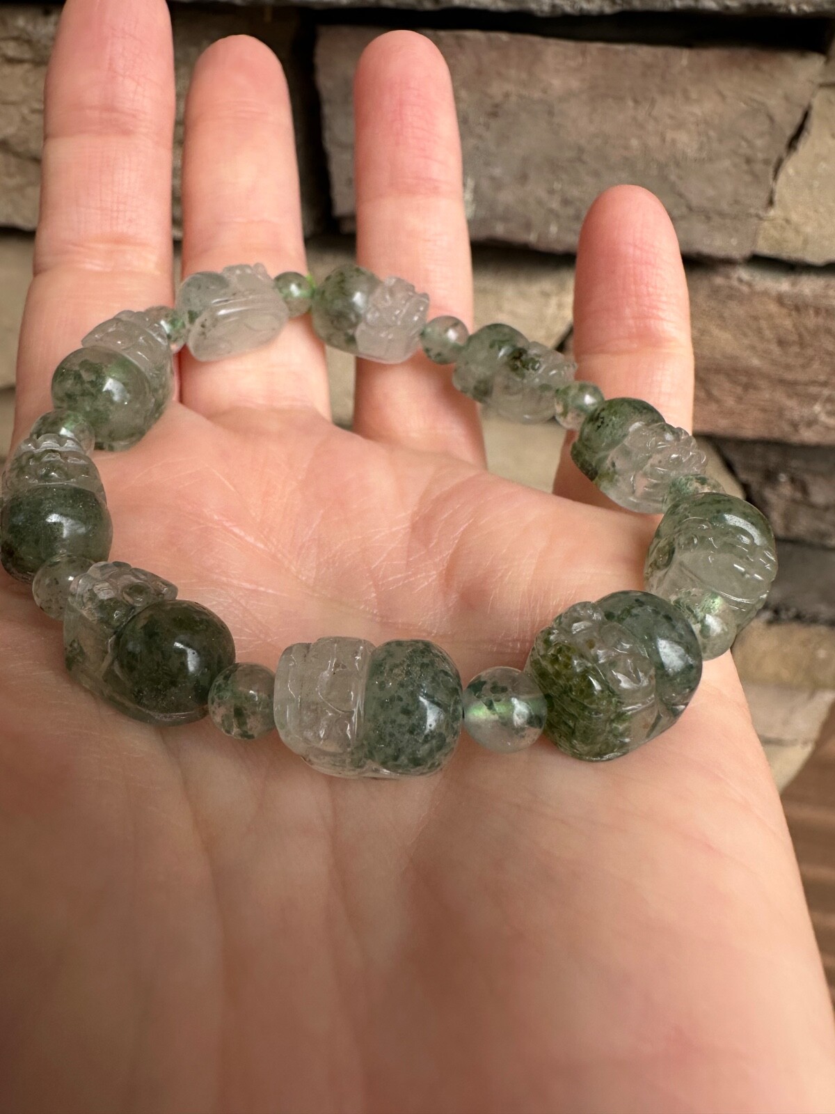 Moss Agate Bracelet Carved Pixiu Artisan Handcrafted