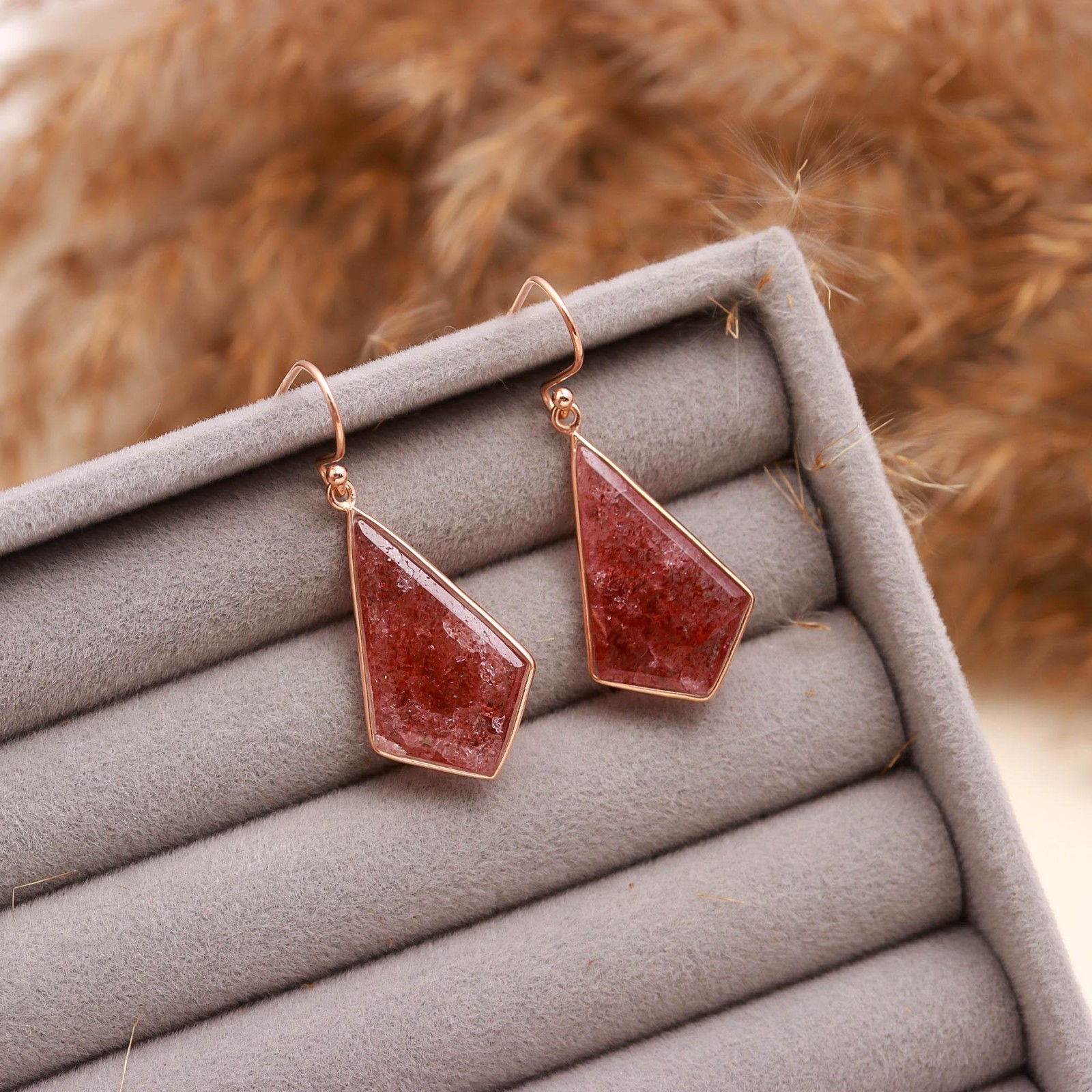 Natural Red Strawberry Kite Dangle Earring Rose Gold Plated Solid Silver Jewelry