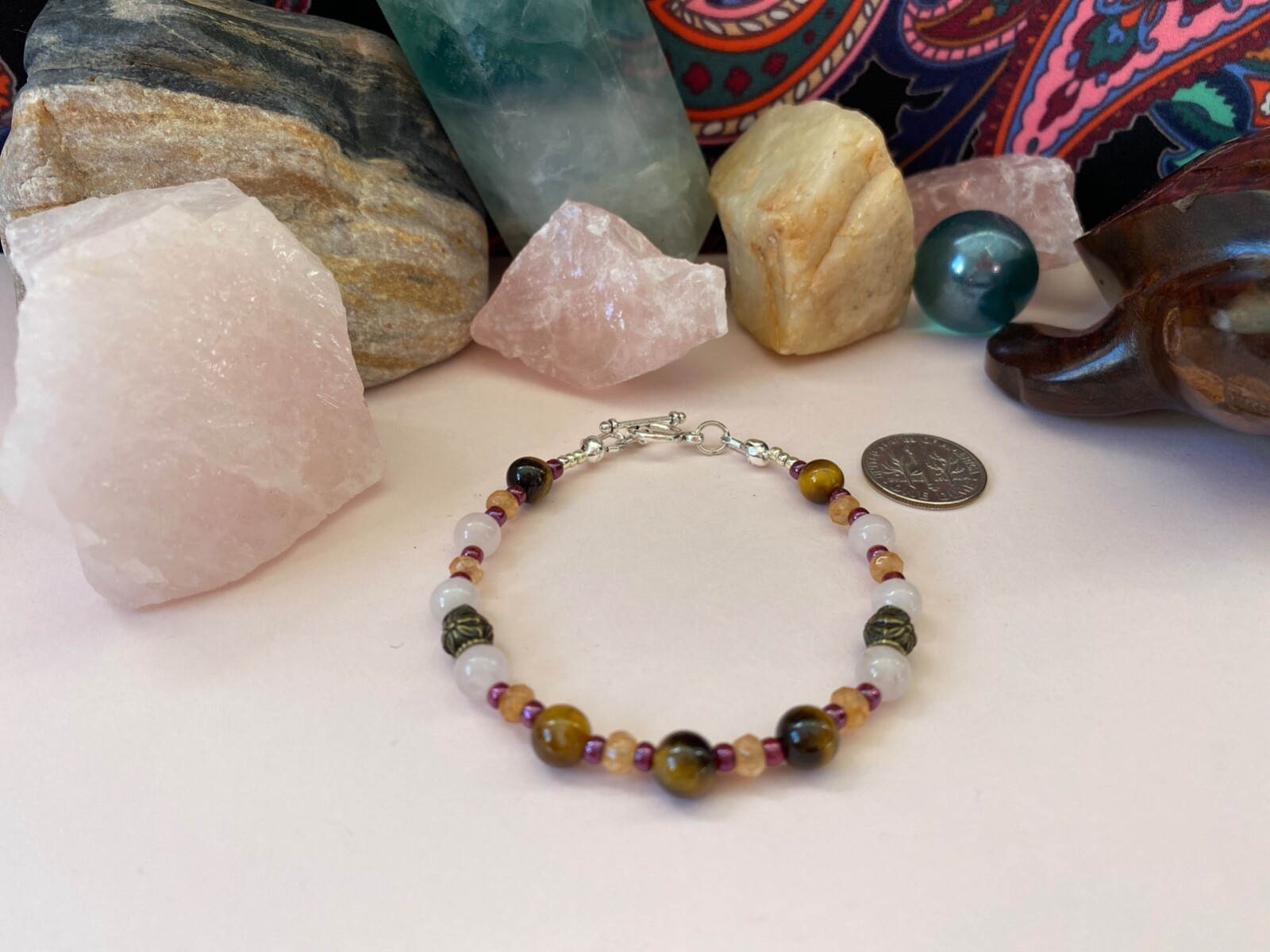 Women’s Tiger’s Eye & Rose Quartz Bracelet w/Jade. 6 in. Toggle Closure.