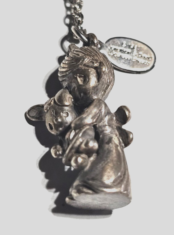 Precious Moments Johnathan David Girl With Bunny Pewter Pendant and Chain 1981