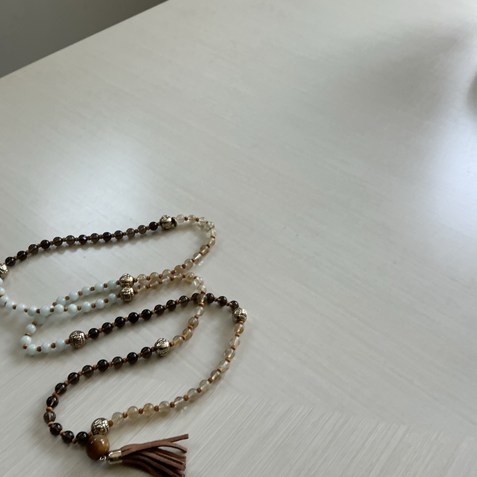 Marlyn Schiff Brown, Beige, Sage Natural Stone Necklace Faux Leather Tassel