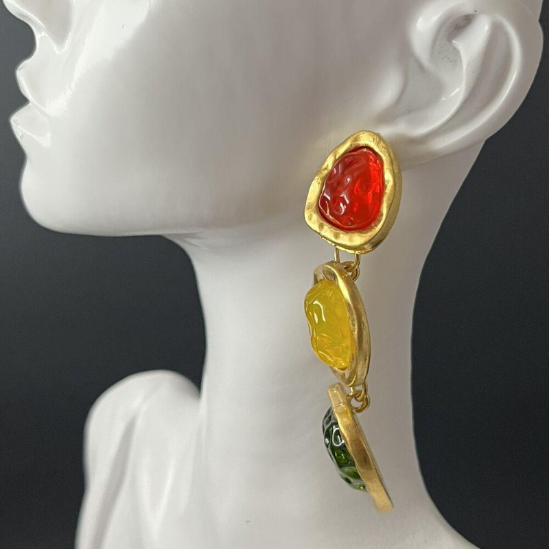 Multicolor Poured Resin Dangle Gold Green Red Earrings