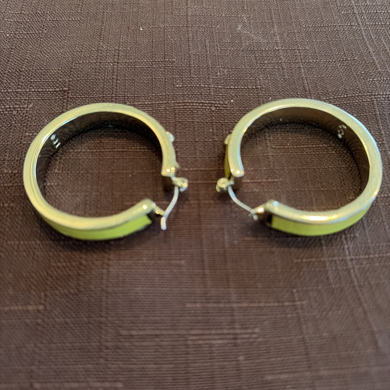 Yellow Enameled Gold Tone Hoop Dangle Earrings with stud accents, Branded LC