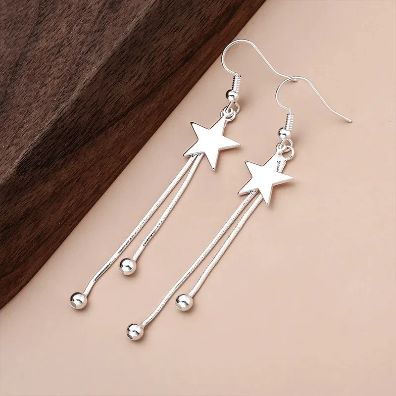 925 Sterling Silver Pearl Tassel Hollow Star Earrings Elegant Women Jewellery Gi