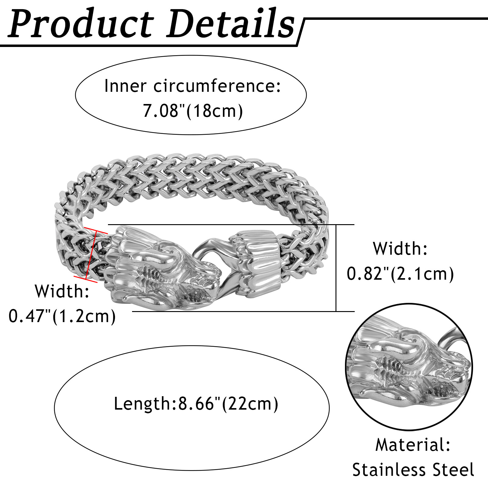 8.7 inches Mens Stainless Steel Dragon Head Biker Bracelet Figaro Chain Bangle
