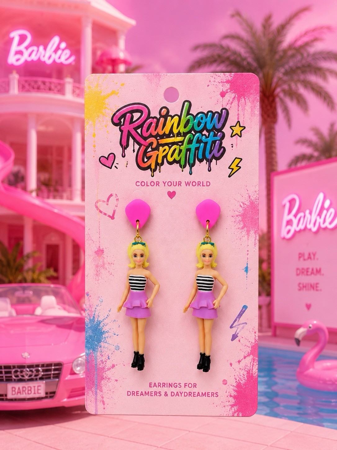 Handmade Fashion Doll Dangle Earrings Pink Barbie Inspired Statement Jewelry