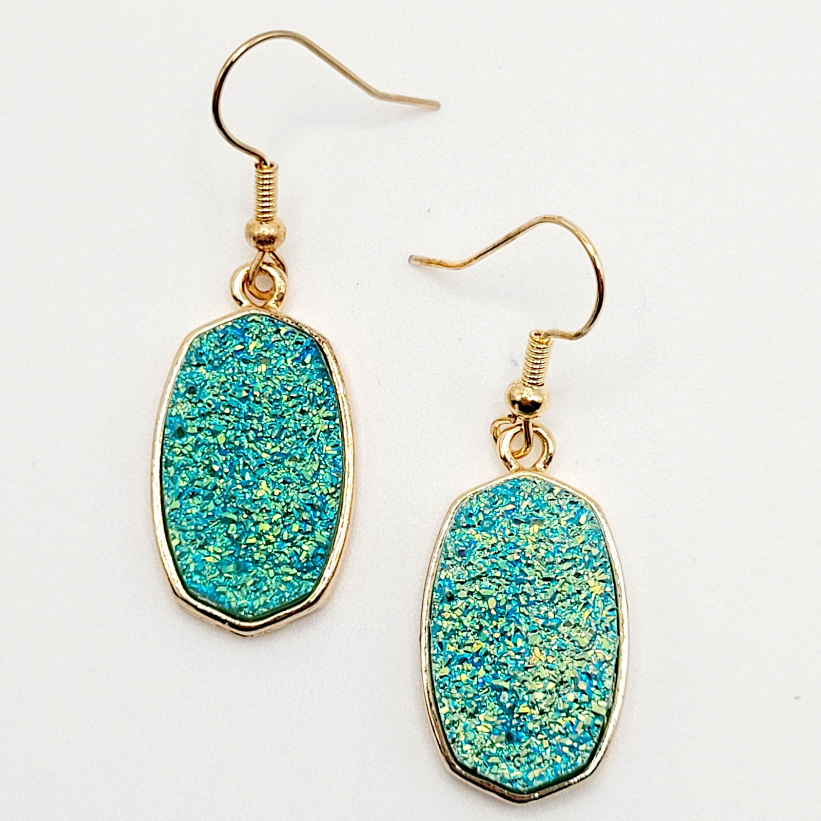 Modern Sparkle Faux Druzy Turquoise Color Gold Tone Pierced Hook Dangle Earrings