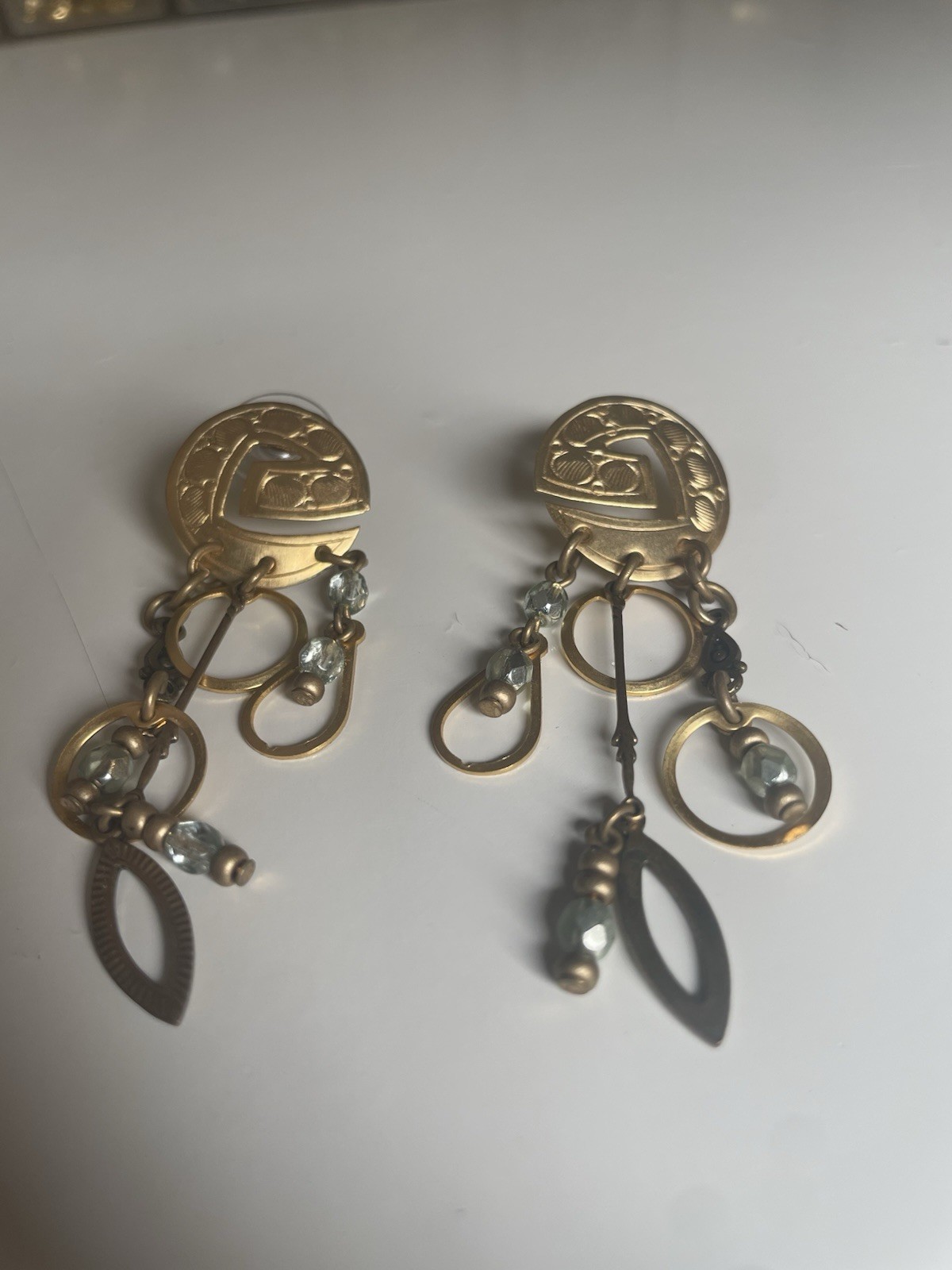 Gold Tone Etched Disc Dangle Drop Earrings Mixed Metal Charms Post