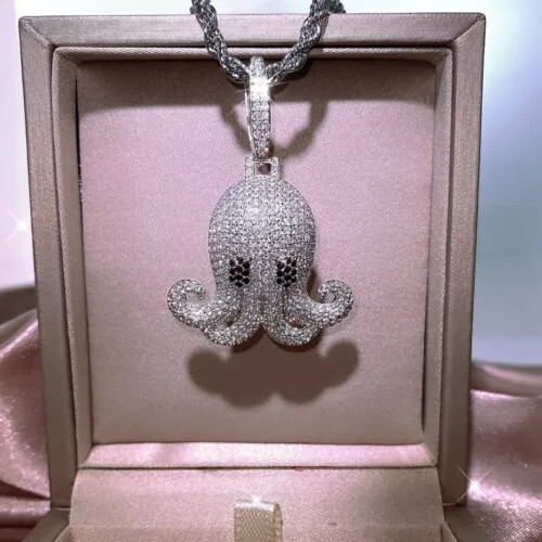 1.77 Ct Round Cut Simulated Diamond Octopus Charm Pendant 14K White Gold Plated