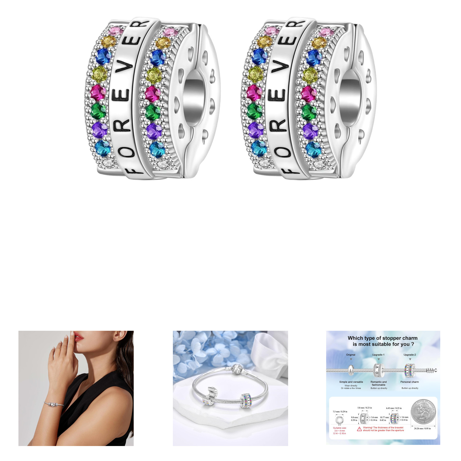 Sterling Silver Bead Stopper Clips for Bracelets 925 Spacer Charm 0.42×0.25 inch