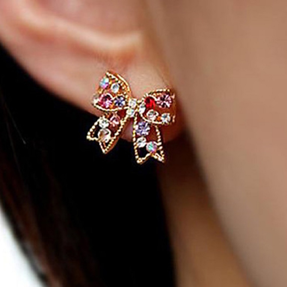 Women Stud Earrings Love Luxury Cute Style Rhinestone Alloy Bowknot – 1x Random