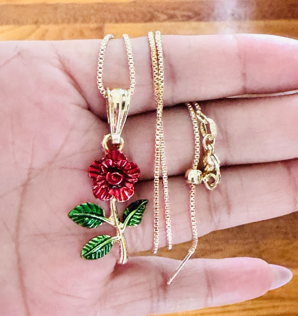 14K Gold Plated red Flower Charm Pendant Necklace Box Chain Lobster Clasp