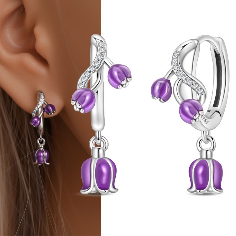 PANDACH 925 Sterling Silver Purple Lily of the Valley Vine Drop Hoop Earrings