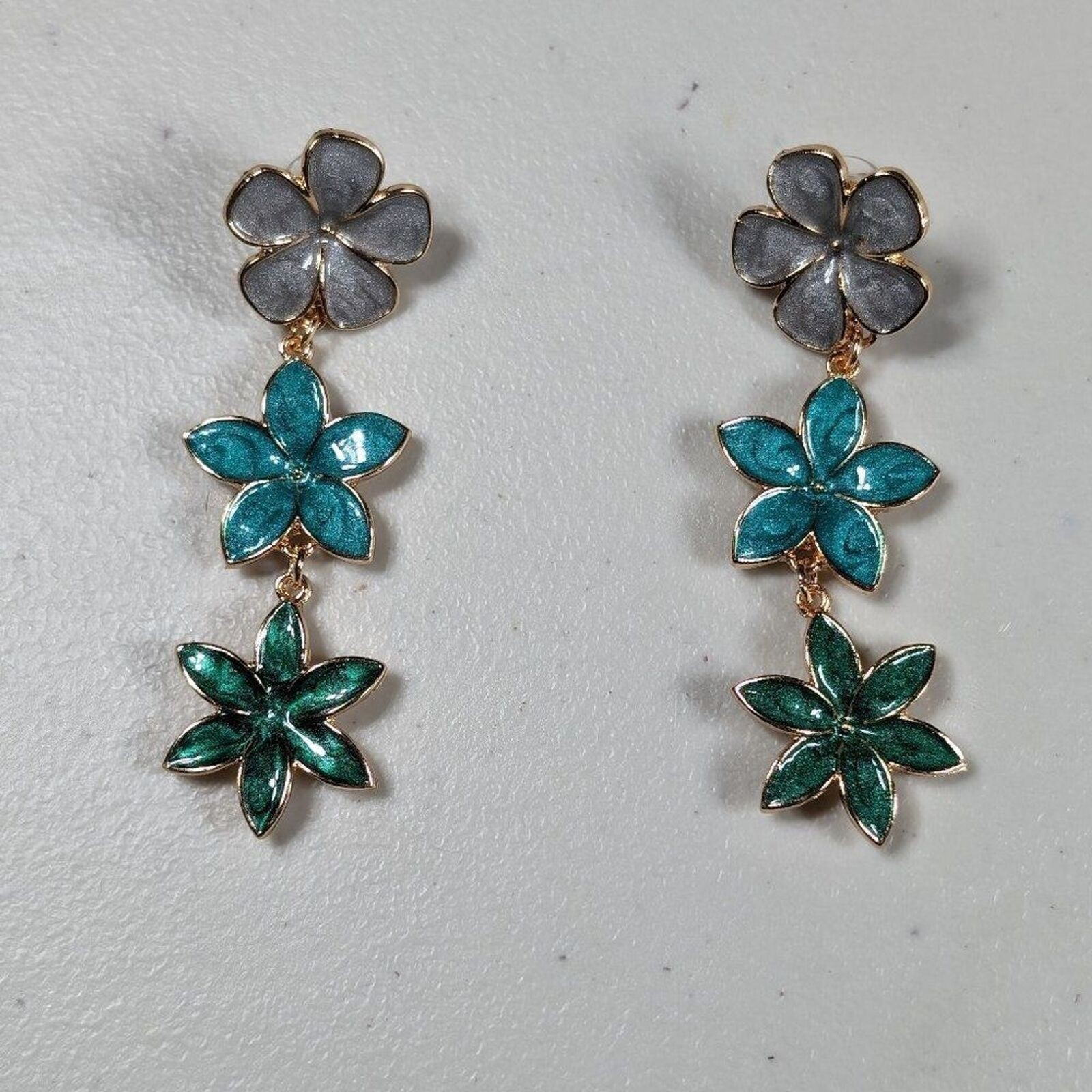 Womens Earrings Three Flower Gray Blue Green Zinc Alloy Enamel Boho Earrings