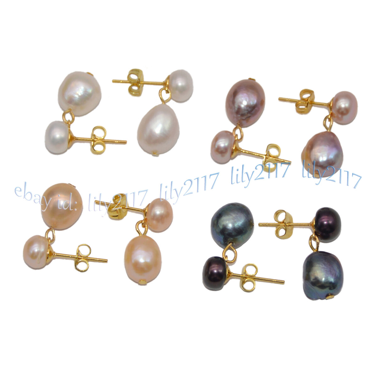 4 Pairs Natural Black White Pink Purple Double Akoya Pearl Dangle Stud Earrings
