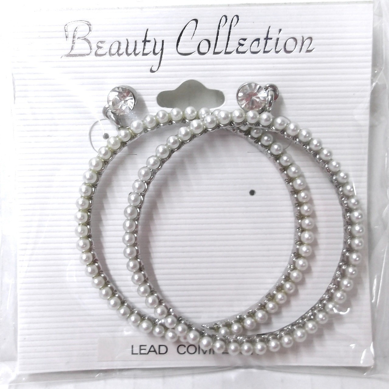 Beauty Collection Faux Pearl Rhinestone 2″ Hoop Earrings Silver Tone /#26466