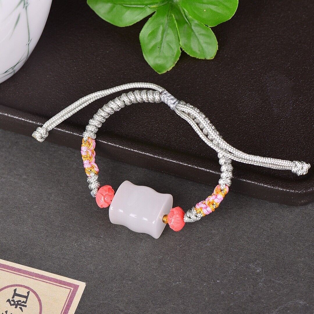 Natural White Jade Slub Hand Chain Hand Wove Vajra Knot Adjustable White/Blue