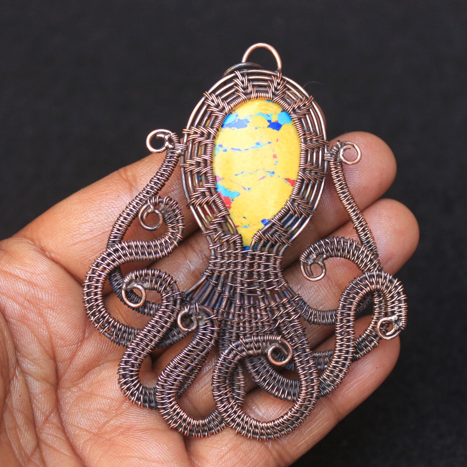 Octopus Gift Pendant Yellow Turquoise Copper Wire Wrap Gemstone Jewelry N331