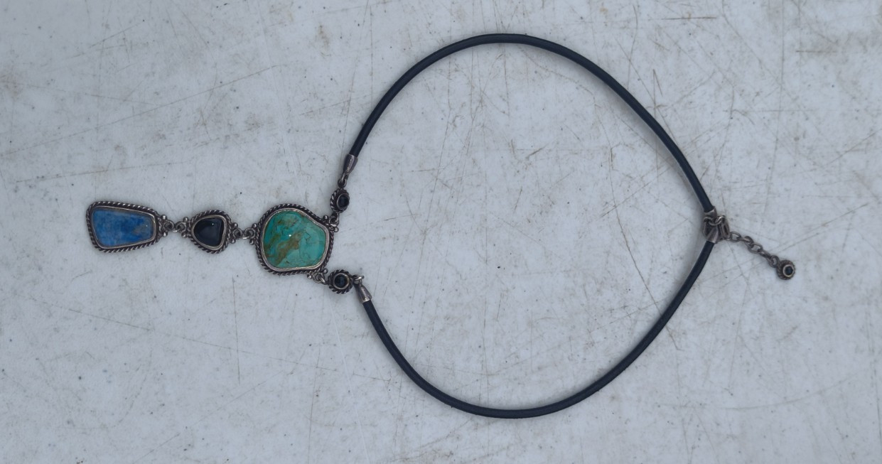 Black Cord Necklace Silver Bezel-Set Green Oval Stone Charm Pendants 3
