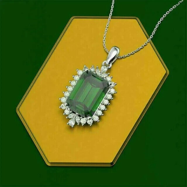Emerald Cut Simulated Emerald Women’s Stunning Pendant In 14k White Gold Plated
