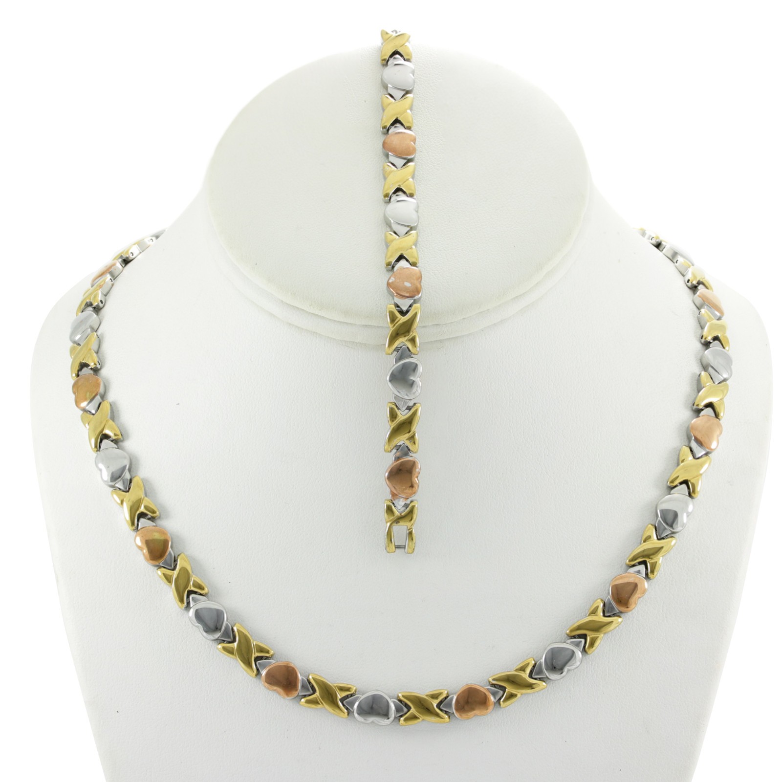 Hugs & Kisses Necklace Bracelet Set Stampato Stainless Steel Three Tone DC 18/20