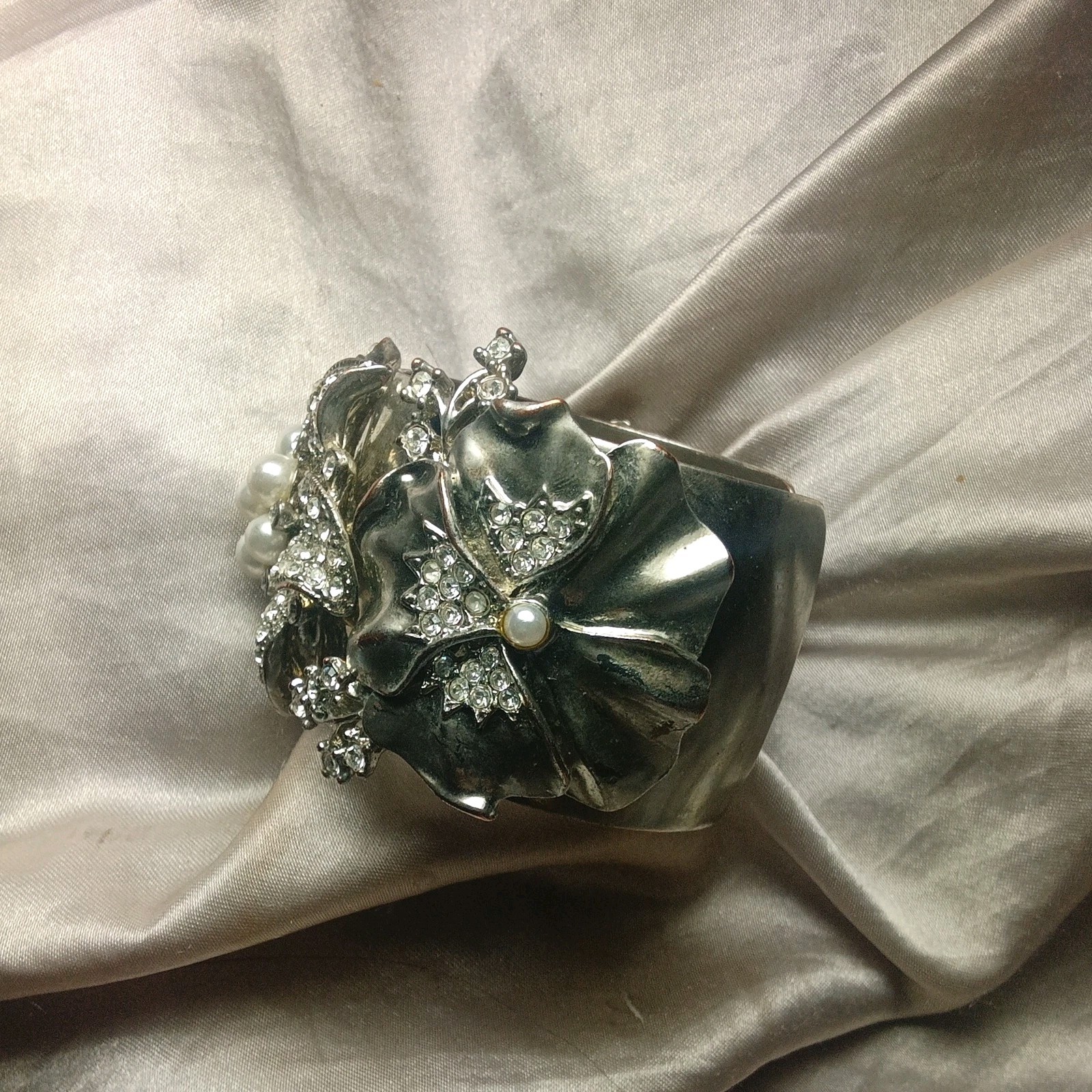 Silver Tone Wide Floral Cuff Bracelet w/ Clear Rhinestones & Faux Pearls
